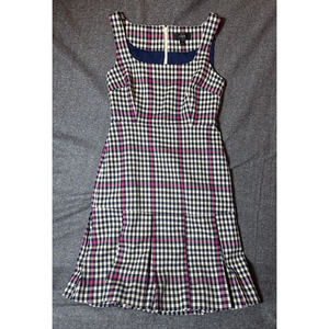 J.Crew Dress Womens 4 Blue Pink Plaid Gingham Shift Dress Pleated AR721 Preppy